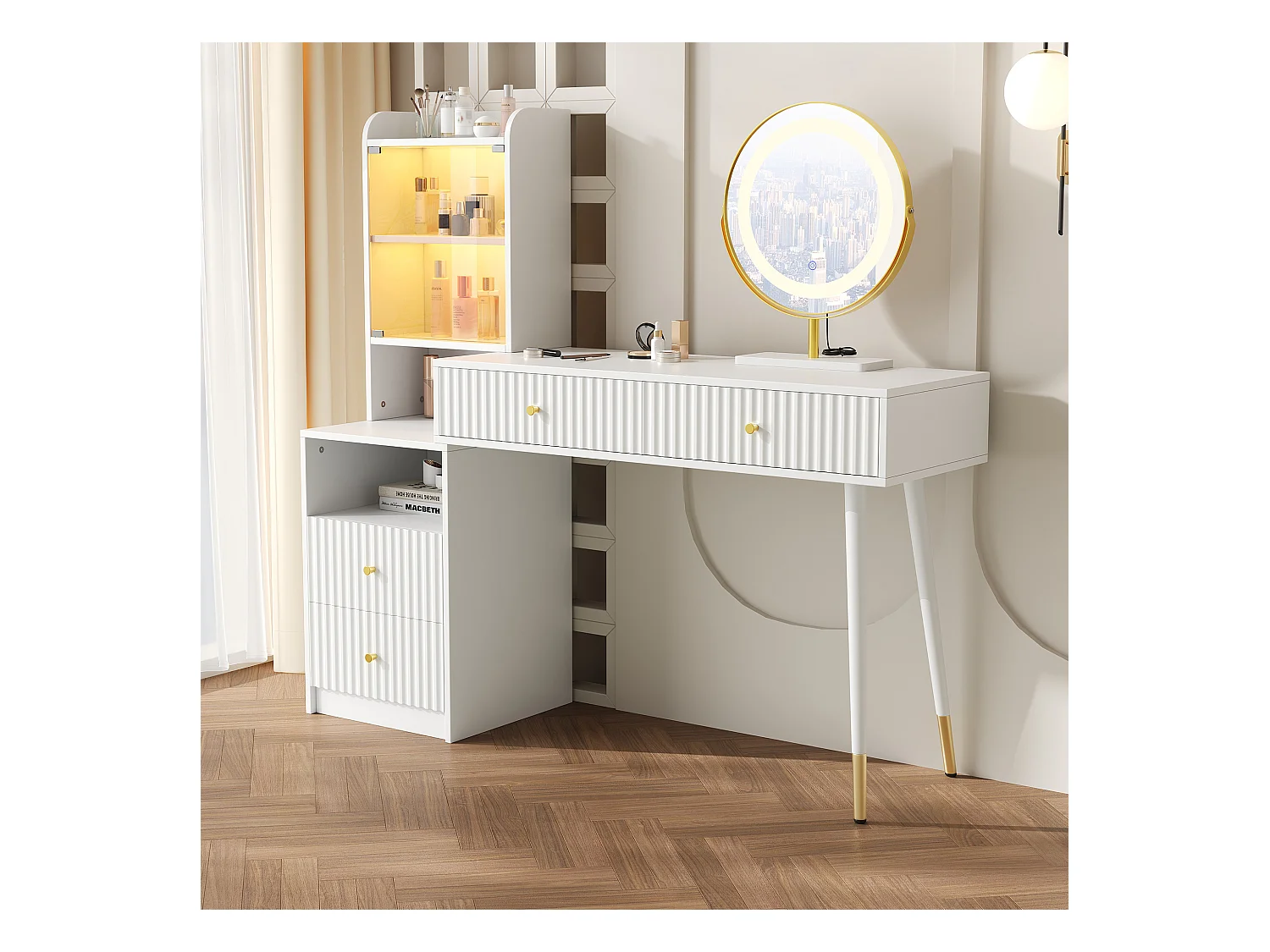 Schminktisch-Set mit LED-Spiegel + 4 Schubladen + beleuchteter Schrank mit Glastür – 100 x 40 x 125 cm – Spanplatte – Weiß