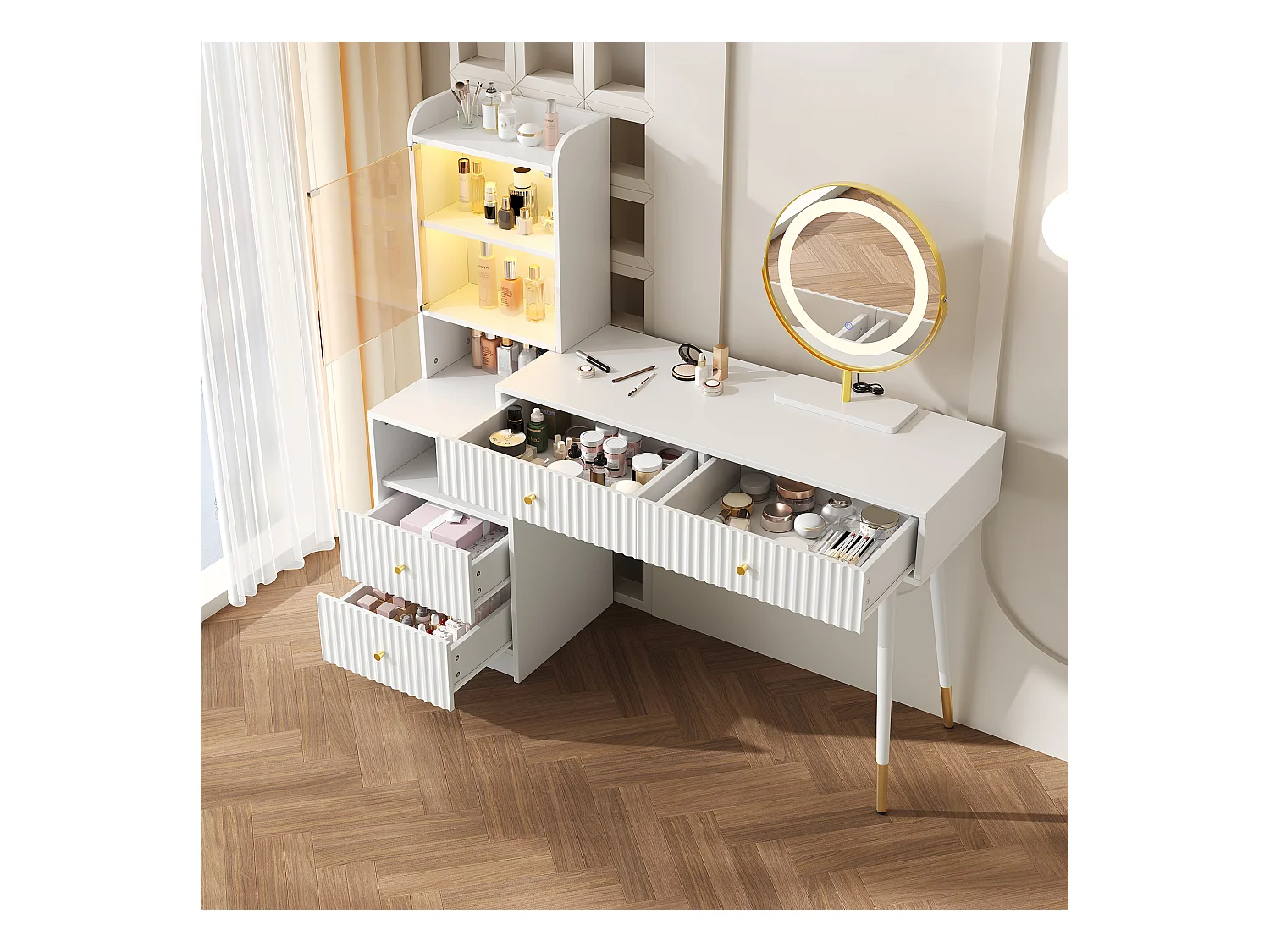 Schminktisch-Set mit LED-Spiegel + 4 Schubladen + beleuchteter Schrank mit Glastür – 100 x 40 x 125 cm – Spanplatte – Weiß