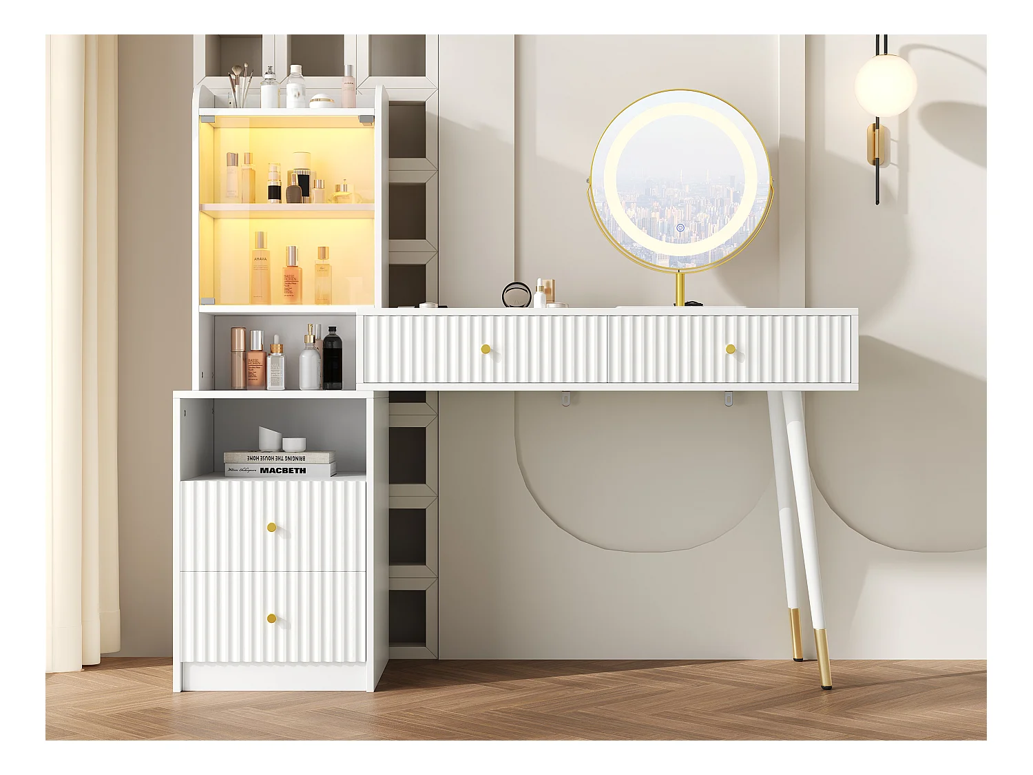 Schminktisch-Set mit LED-Spiegel + 4 Schubladen + beleuchteter Schrank mit Glastür – 100 x 40 x 125 cm – Spanplatte – Weiß