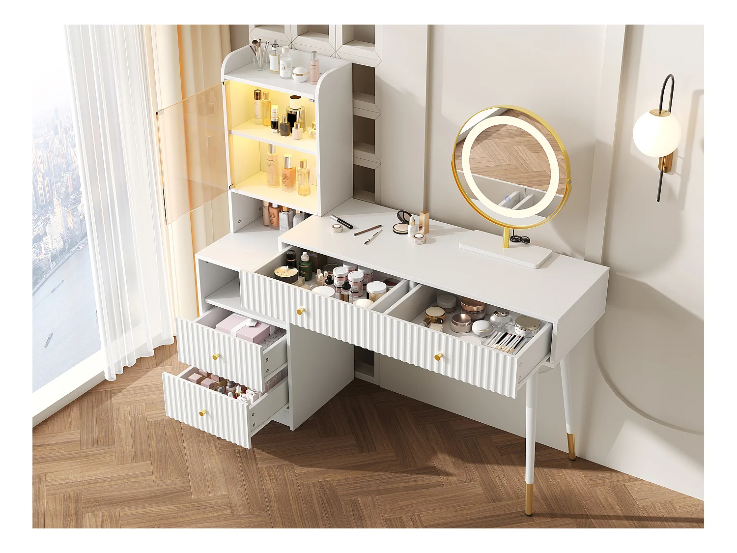 Schminktisch-Set mit LED-Spiegel + 4 Schubladen + beleuchteter Schrank mit Glastür – 100 x 40 x 125 cm – Spanplatte – Weiß