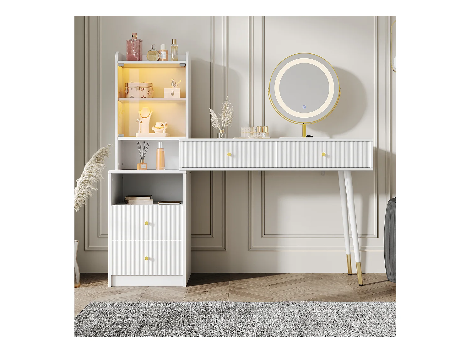 Schminktisch-Set mit LED-Spiegel + 4 Schubladen + beleuchteter Schrank mit Glastür – 100 x 40 x 125 cm – Spanplatte – Weiß