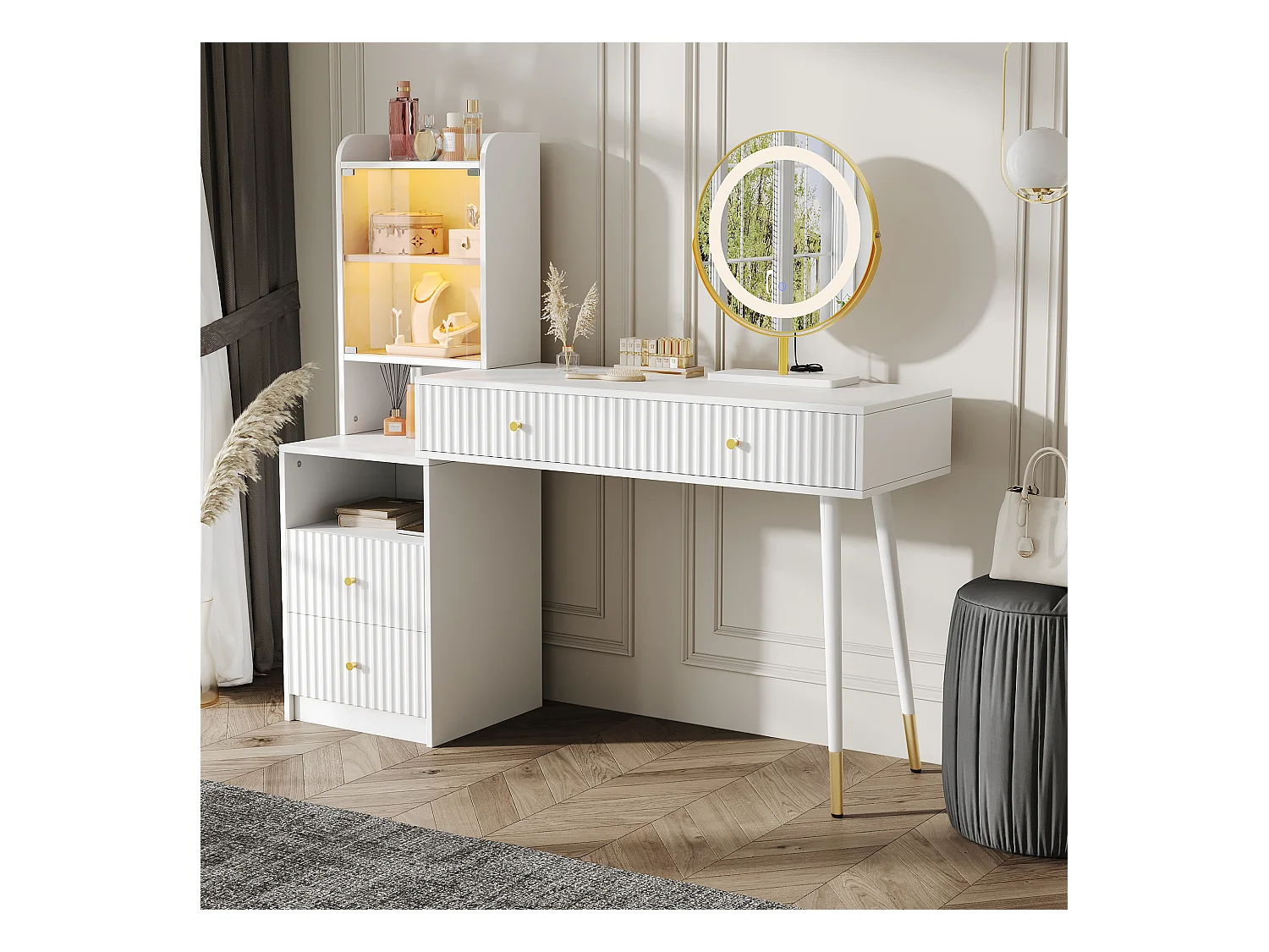 Schminktisch-Set mit LED-Spiegel + 4 Schubladen + beleuchteter Schrank mit Glastür – 100 x 40 x 125 cm – Spanplatte – Weiß