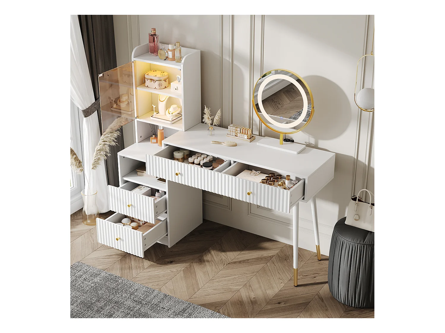 Schminktisch-Set mit LED-Spiegel + 4 Schubladen + beleuchteter Schrank mit Glastür – 100 x 40 x 125 cm – Spanplatte – Weiß