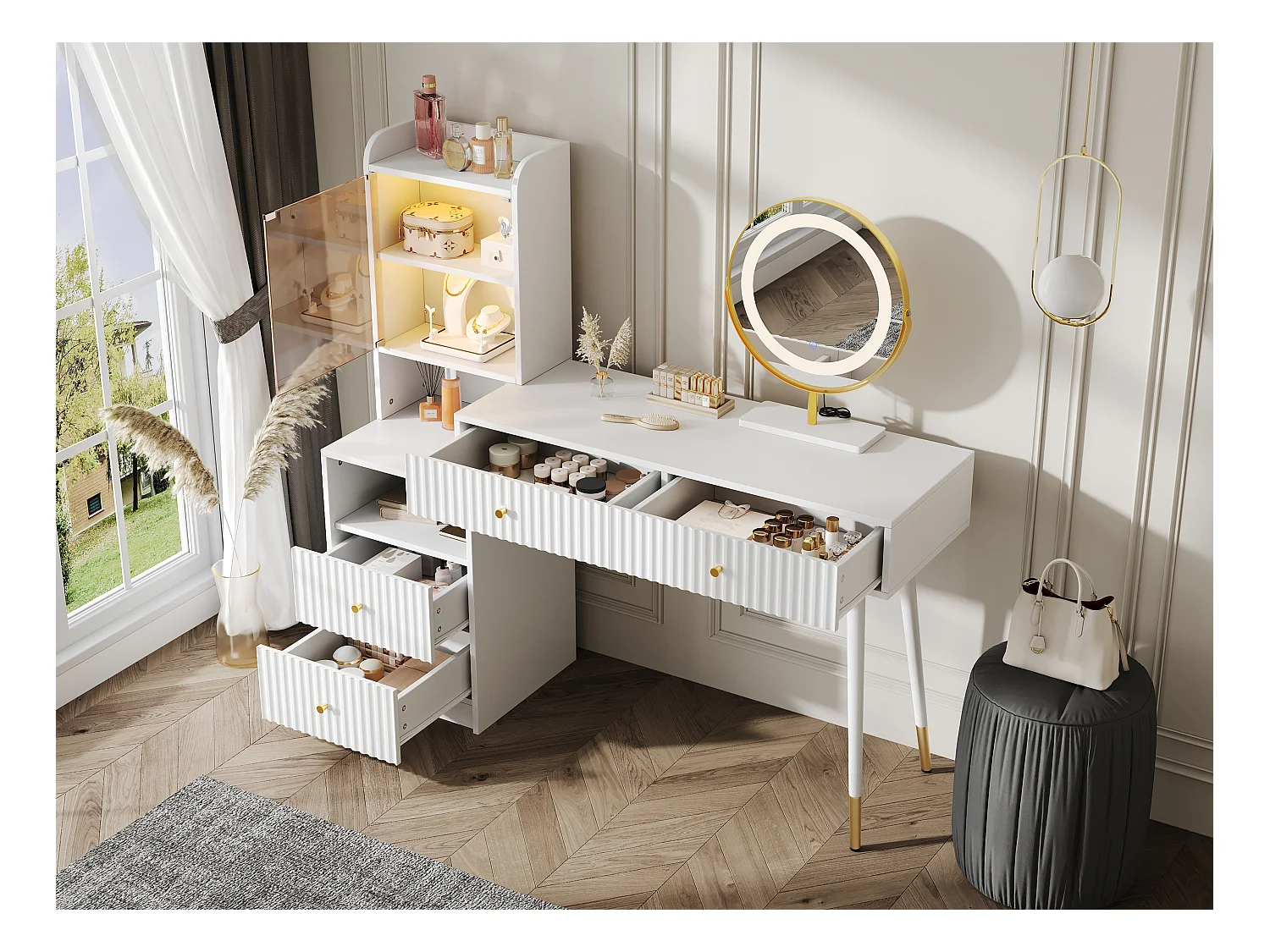 Schminktisch-Set mit LED-Spiegel + 4 Schubladen + beleuchteter Schrank mit Glastür – 100 x 40 x 125 cm – Spanplatte – Weiß