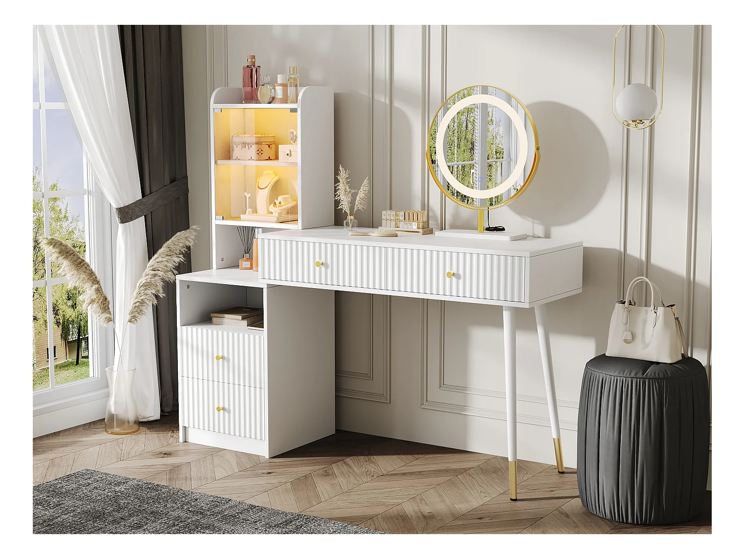 Schminktisch-Set mit LED-Spiegel + 4 Schubladen + beleuchteter Schrank mit Glastür – 100 x 40 x 125 cm – Spanplatte – Weiß