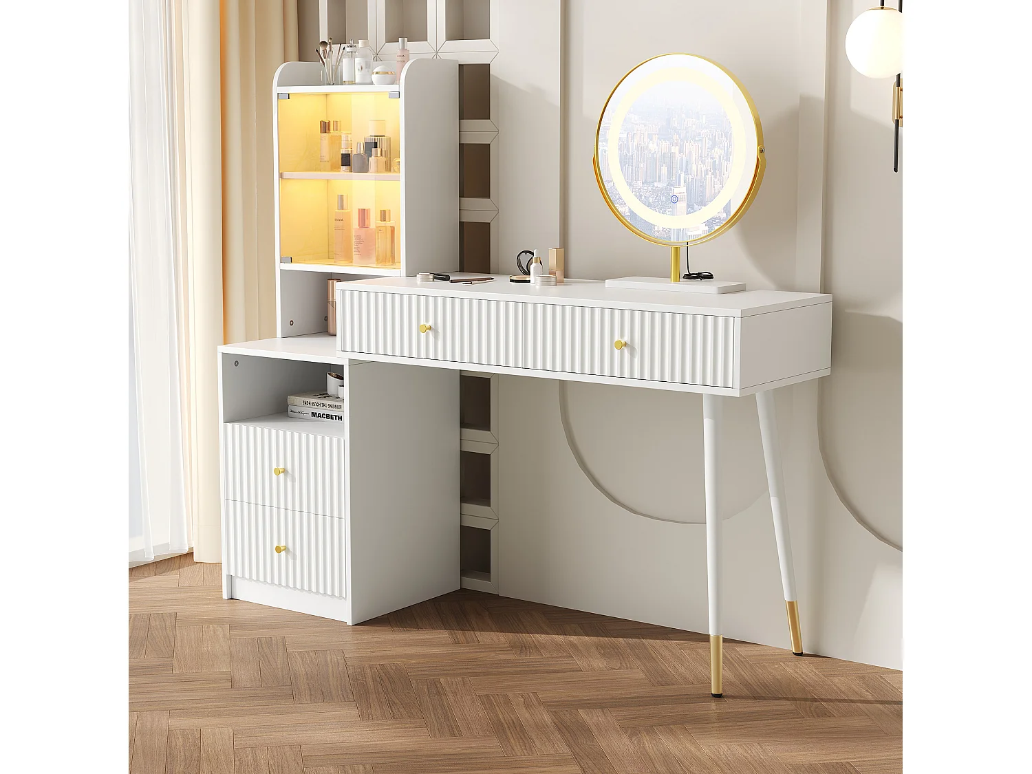 Schminktisch-Set mit LED-Spiegel + 4 Schubladen + beleuchteter Schrank mit Glastür – 100 x 40 x 125 cm – Spanplatte – Weiß