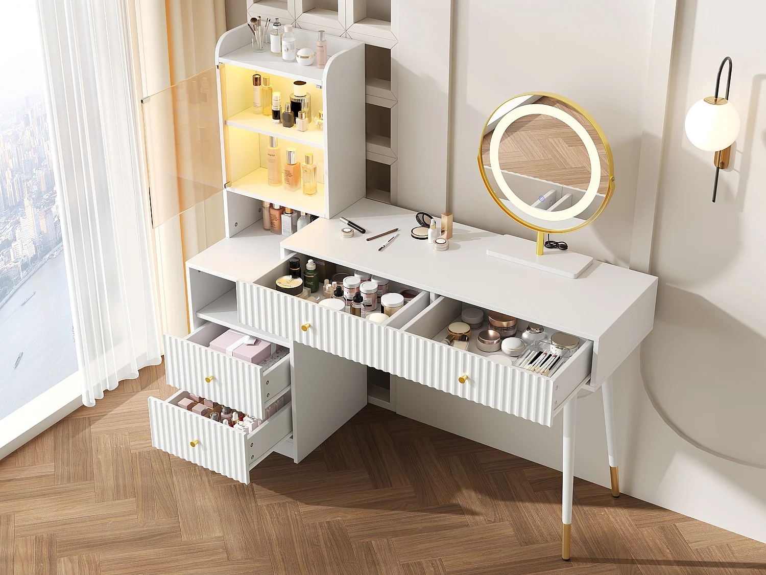 Schminktisch-Set mit LED-Spiegel + 4 Schubladen + beleuchteter Schrank mit Glastür – 100 x 40 x 125 cm – Spanplatte – Weiß