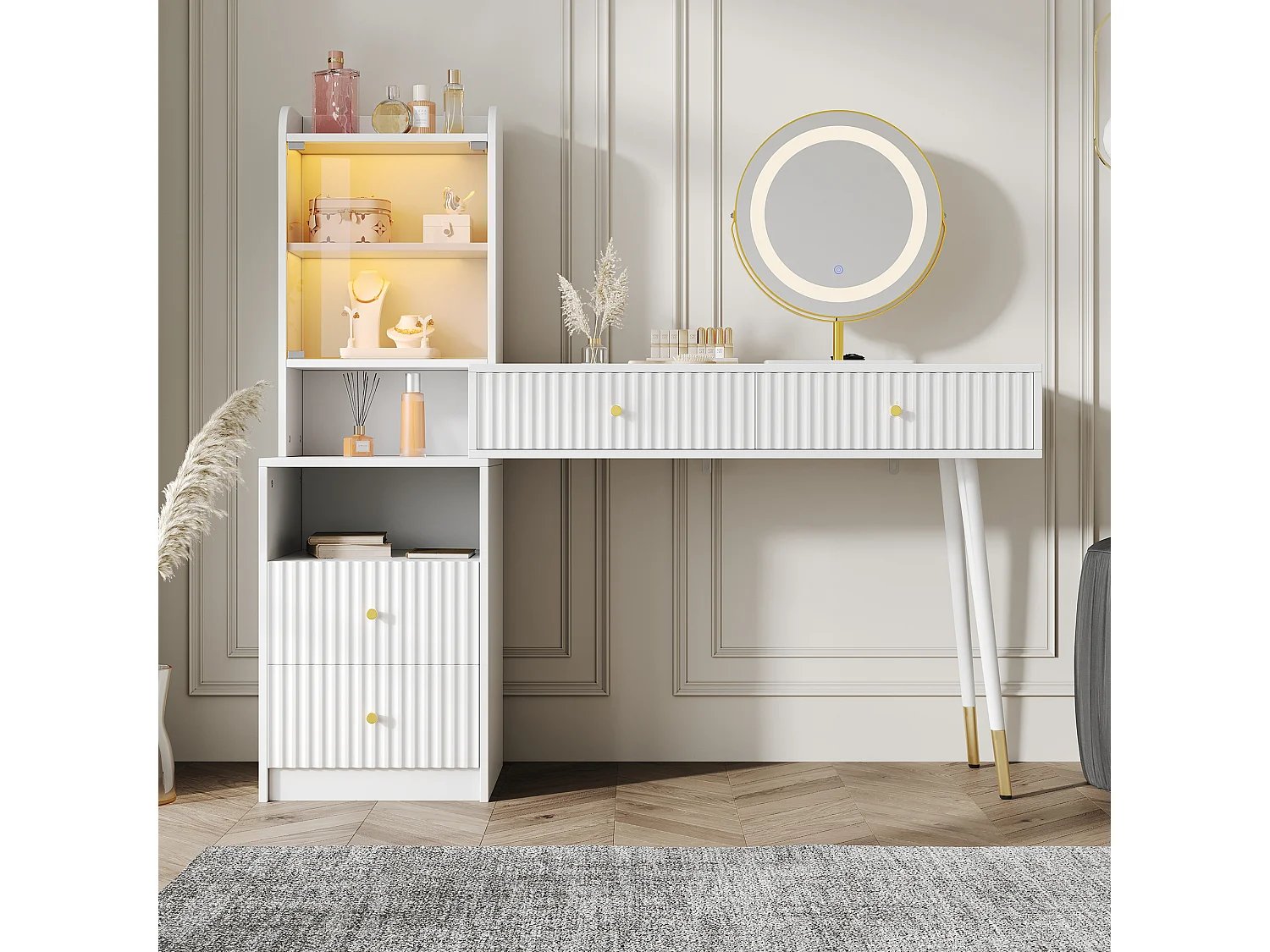 Schminktisch-Set mit LED-Spiegel + 4 Schubladen + beleuchteter Schrank mit Glastür – 100 x 40 x 125 cm – Spanplatte – Weiß