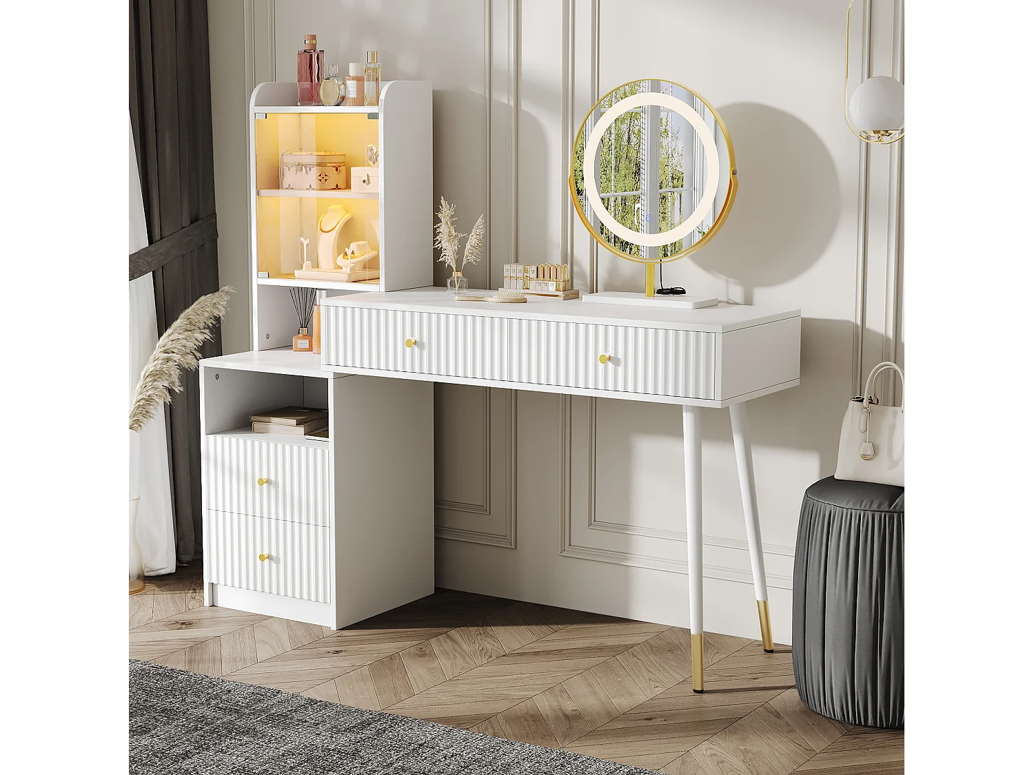 Schminktisch-Set mit LED-Spiegel + 4 Schubladen + beleuchteter Schrank mit Glastür – 100 x 40 x 125 cm – Spanplatte – Weiß