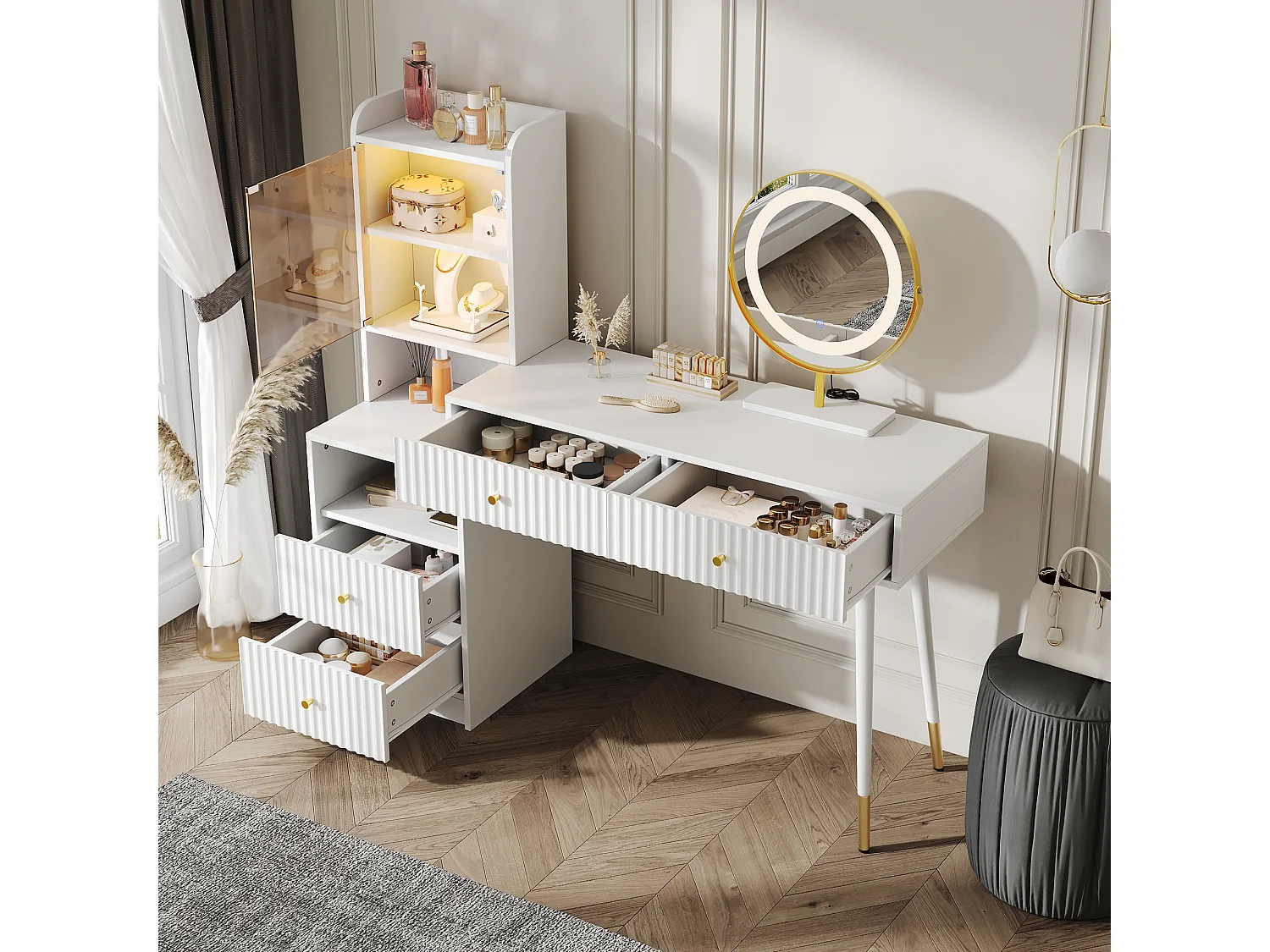 Schminktisch-Set mit LED-Spiegel + 4 Schubladen + beleuchteter Schrank mit Glastür – 100 x 40 x 125 cm – Spanplatte – Weiß