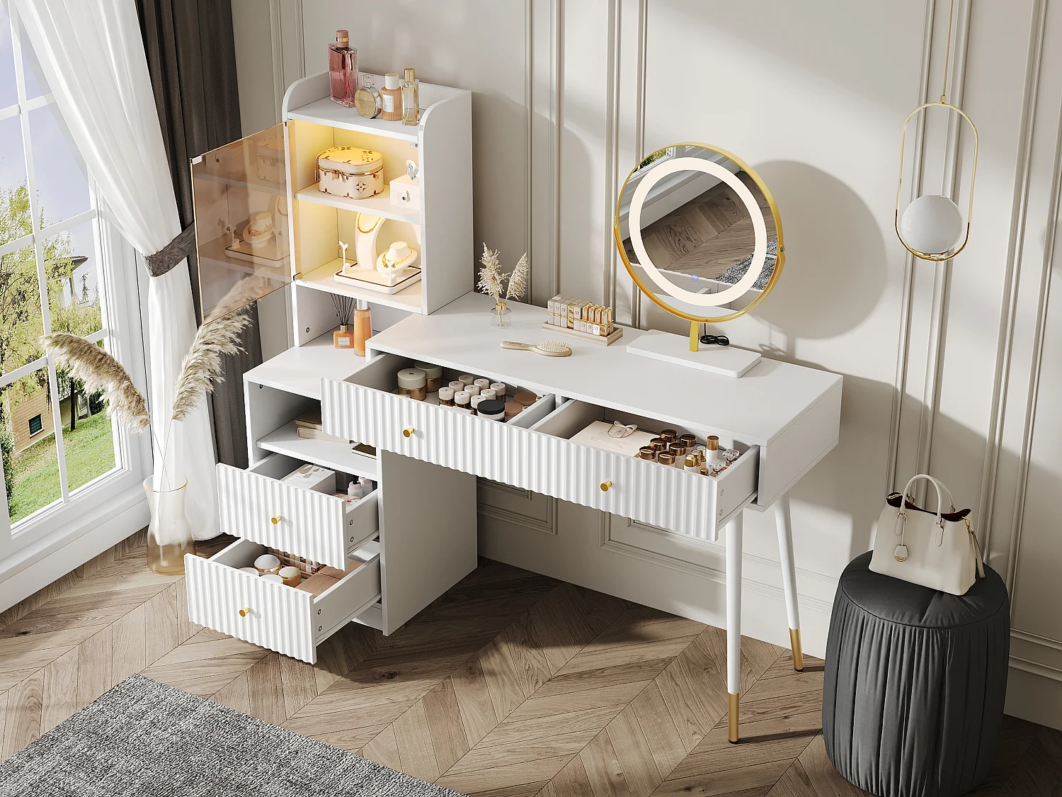 Schminktisch-Set mit LED-Spiegel + 4 Schubladen + beleuchteter Schrank mit Glastür – 100 x 40 x 125 cm – Spanplatte – Weiß