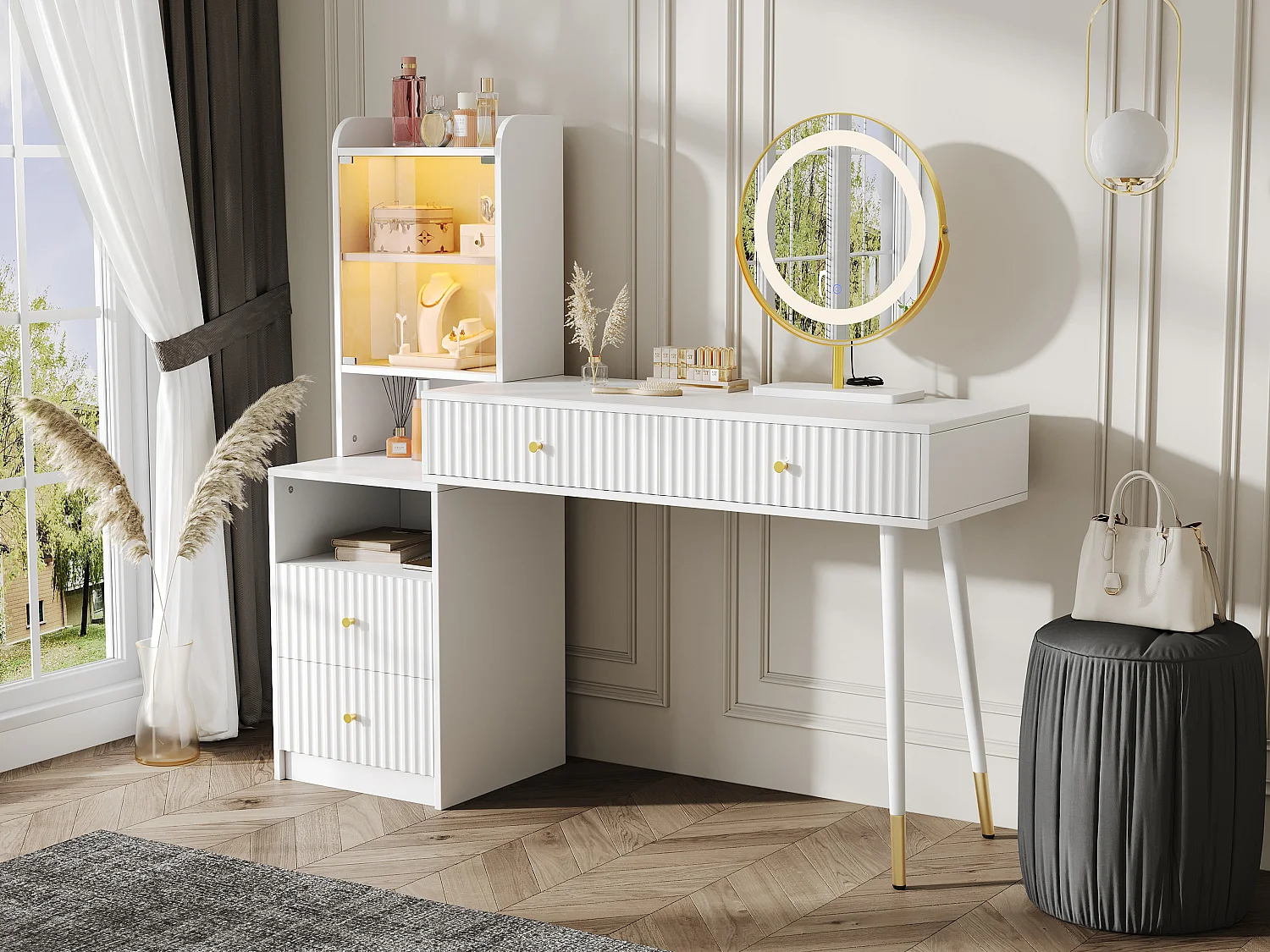 Schminktisch-Set mit LED-Spiegel + 4 Schubladen + beleuchteter Schrank mit Glastür – 100 x 40 x 125 cm – Spanplatte – Weiß