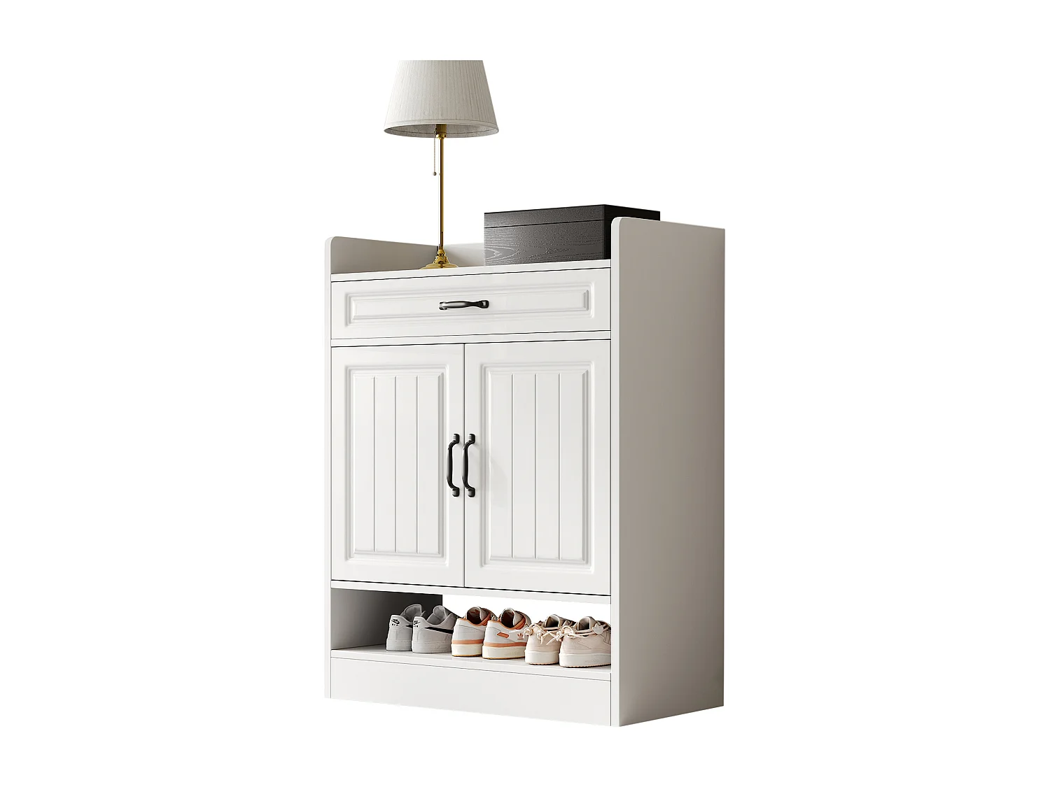 Moderner Schuhschrank mit verstellbaren Einlegeböden + 1 Schublade + 2 Türen - 75 x 36 x 95,5 cm - Spanplatte - Weiß