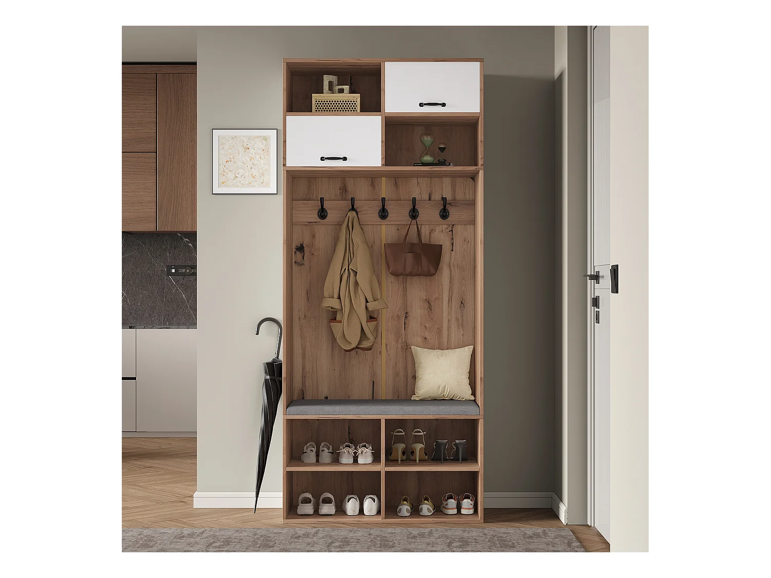 Ensemble de garde-robe/Vestiaire avec banc + 5 crochets + 2 portes + 6 rangements - 80 x 35 x 185 cm - aggloméré - naturel