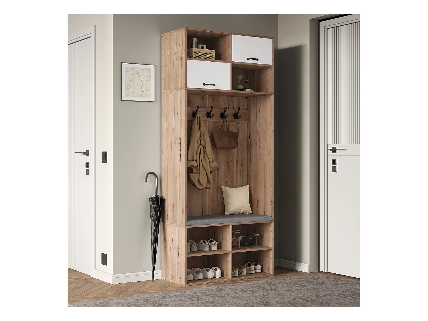 Ensemble de garde-robe/Vestiaire avec banc + 5 crochets + 2 portes + 6 rangements - 80 x 35 x 185 cm - aggloméré - naturel