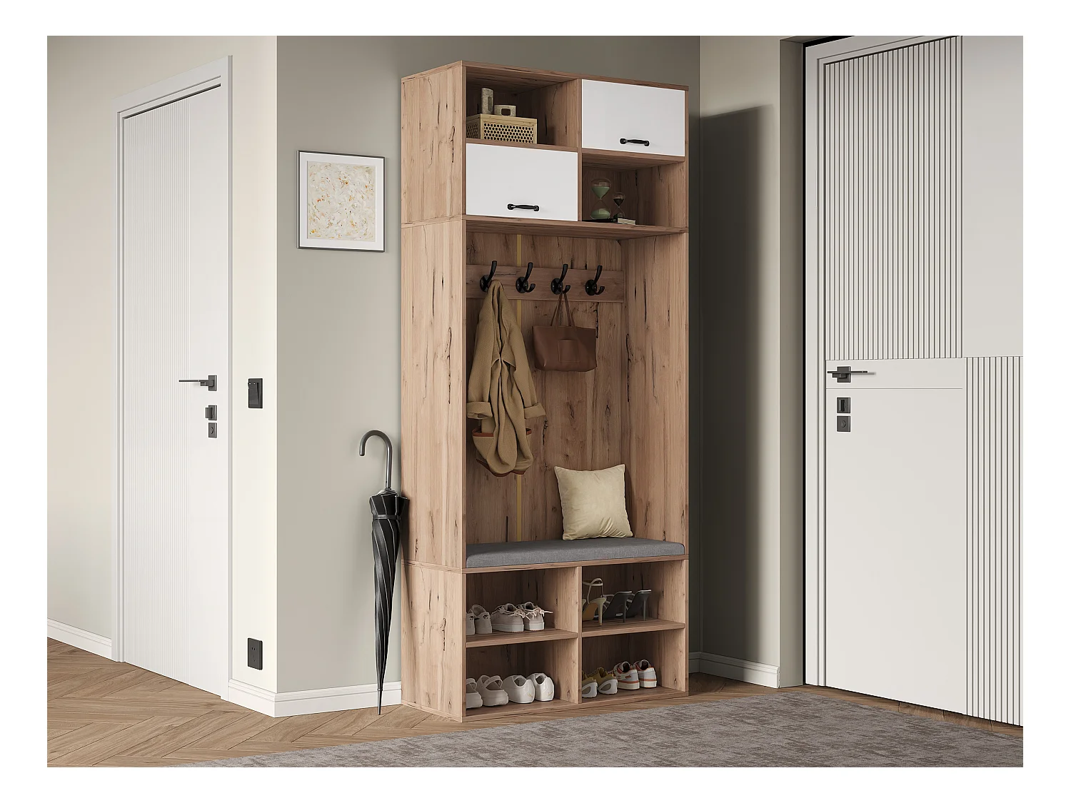 Ensemble de garde-robe/Vestiaire avec banc + 5 crochets + 2 portes + 6 rangements - 80 x 35 x 185 cm - aggloméré - naturel