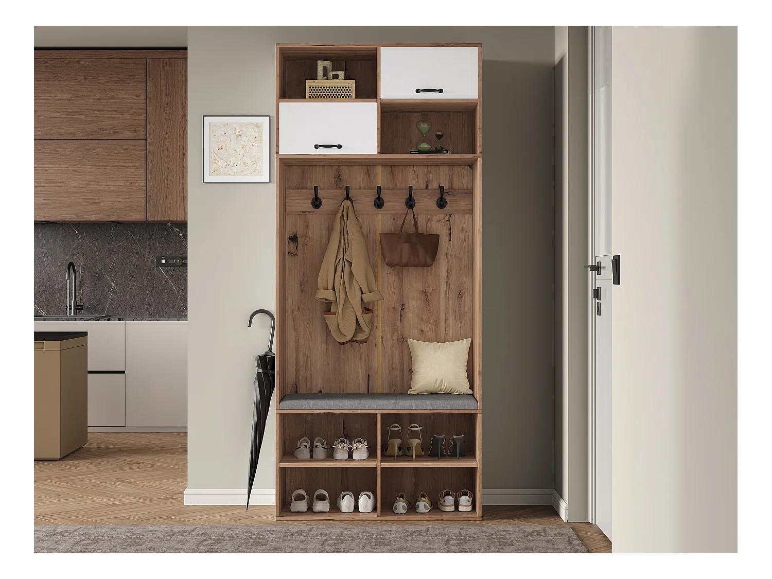 Ensemble de garde-robe/Vestiaire avec banc + 5 crochets + 2 portes + 6 rangements - 80 x 35 x 185 cm - aggloméré - naturel