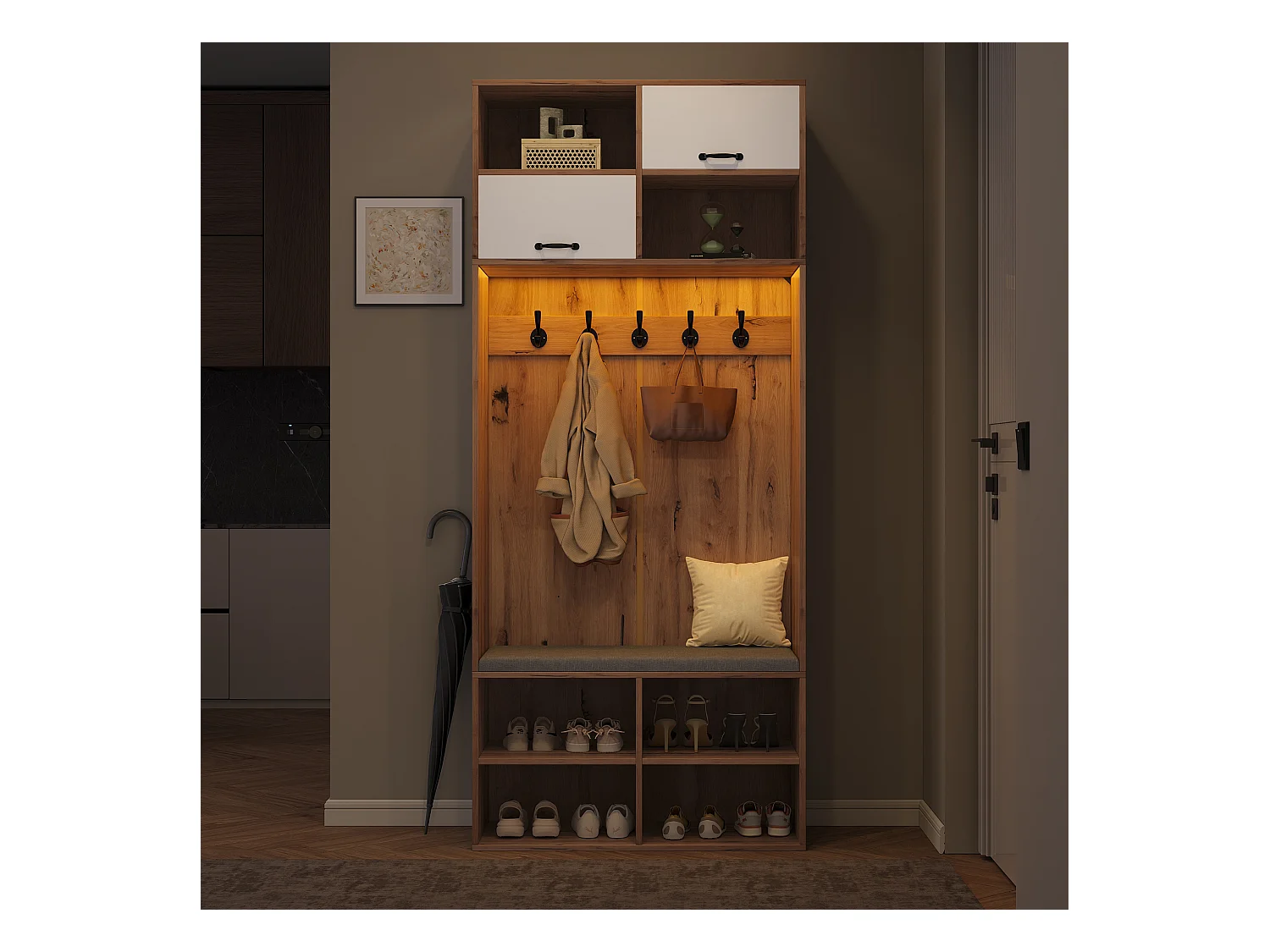 Ensemble de garde-robe/Vestiaire avec banc + 5 crochets + 2 portes + 6 rangements - 80 x 35 x 185 cm - aggloméré - naturel