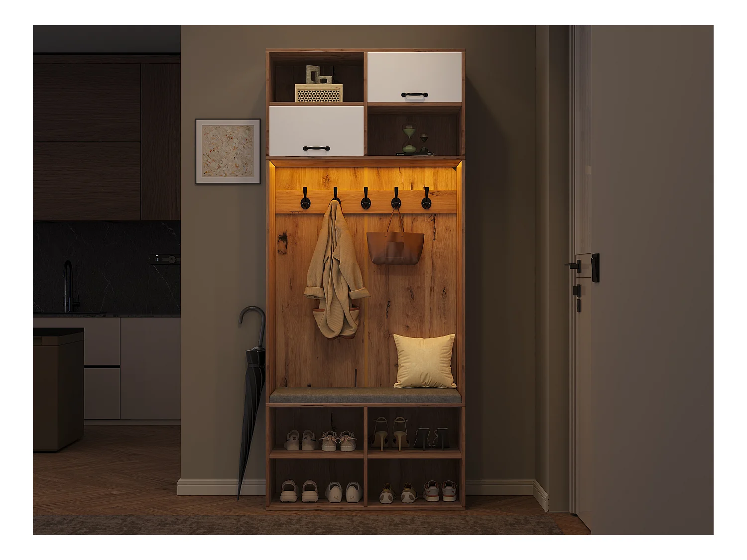 Ensemble de garde-robe/Vestiaire avec banc + 5 crochets + 2 portes + 6 rangements - 80 x 35 x 185 cm - aggloméré - naturel