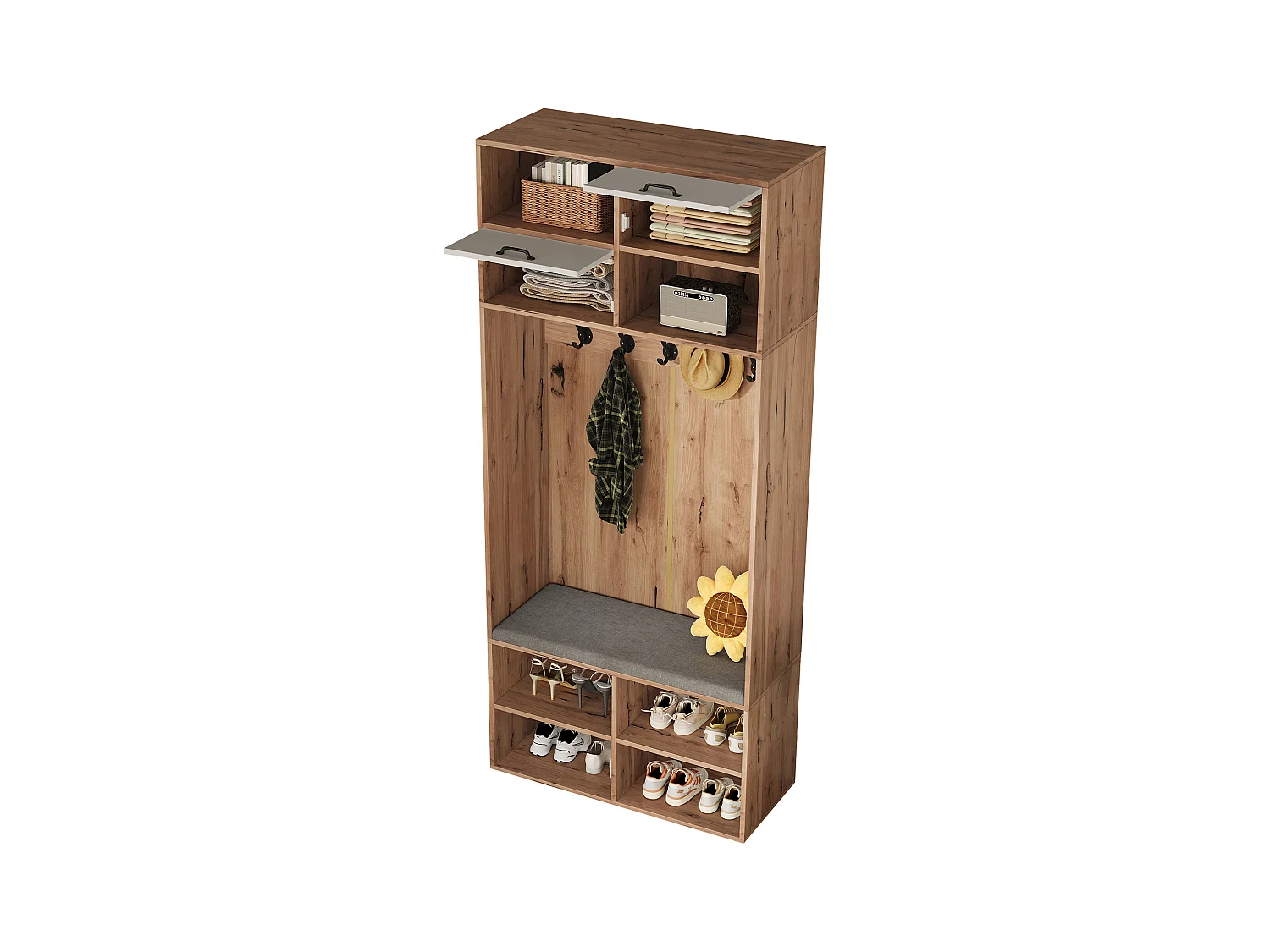 Ensemble de garde-robe/Vestiaire avec banc + 5 crochets + 2 portes + 6 rangements - 80 x 35 x 185 cm - aggloméré - naturel