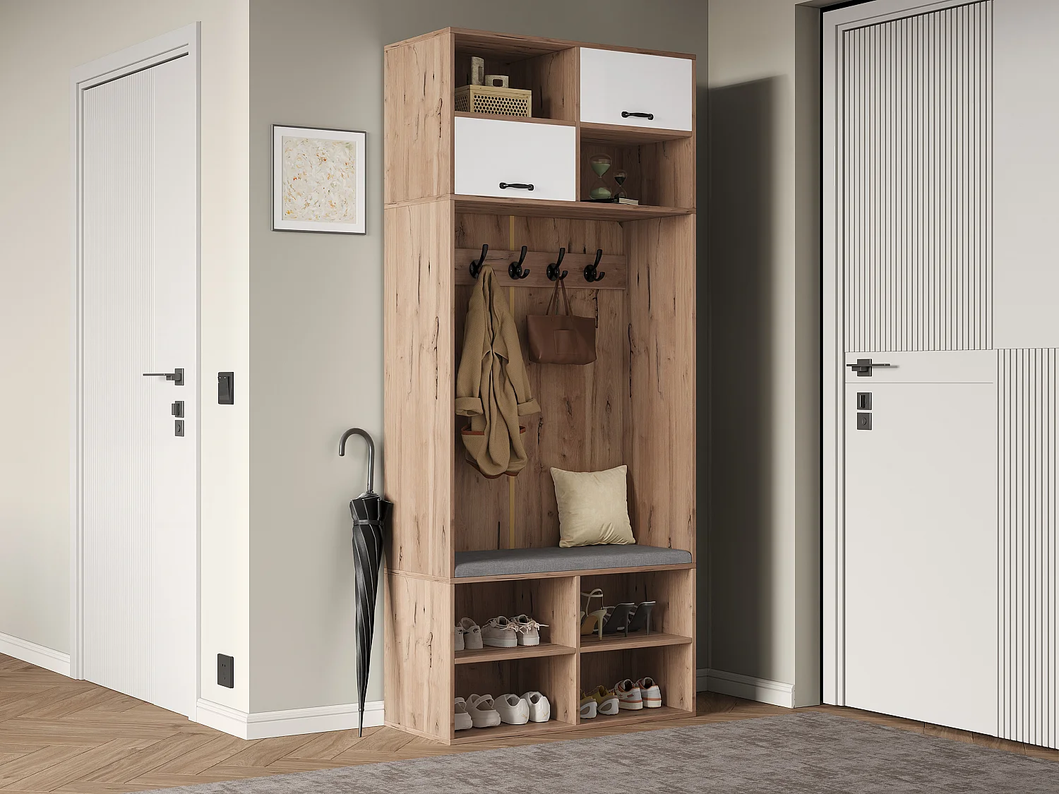 Kleiderschrank-Set mit Bank + 5 Haken + 2 Türen + 6 Ablagefächer - 80 x 35 x 185 cm - Spanplatte - Natur