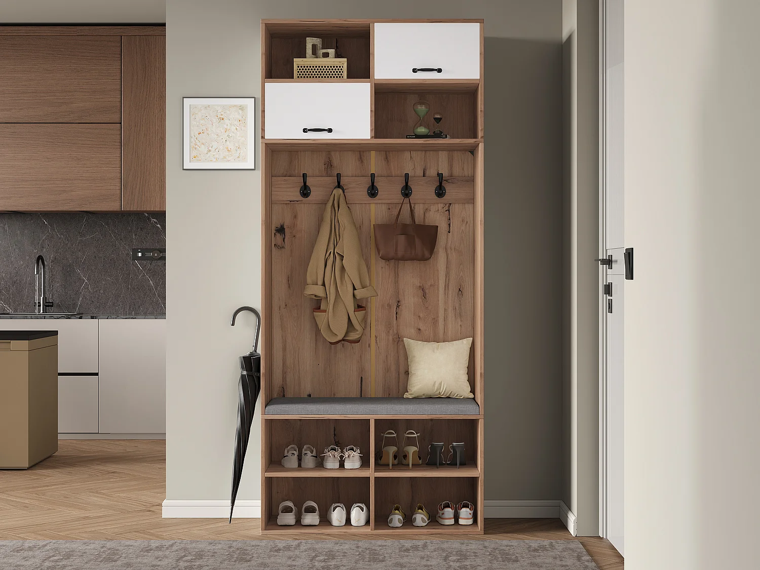 Kleiderschrank-Set mit Bank + 5 Haken + 2 Türen + 6 Ablagefächer - 80 x 35 x 185 cm - Spanplatte - Natur