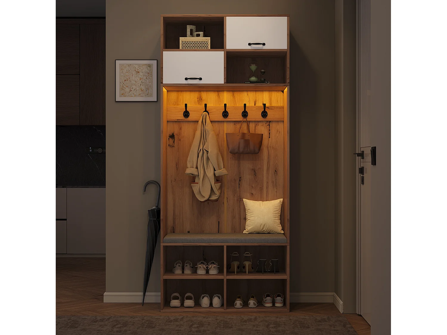 Kleiderschrank-Set mit Bank + 5 Haken + 2 Türen + 6 Ablagefächer - 80 x 35 x 185 cm - Spanplatte - Natur