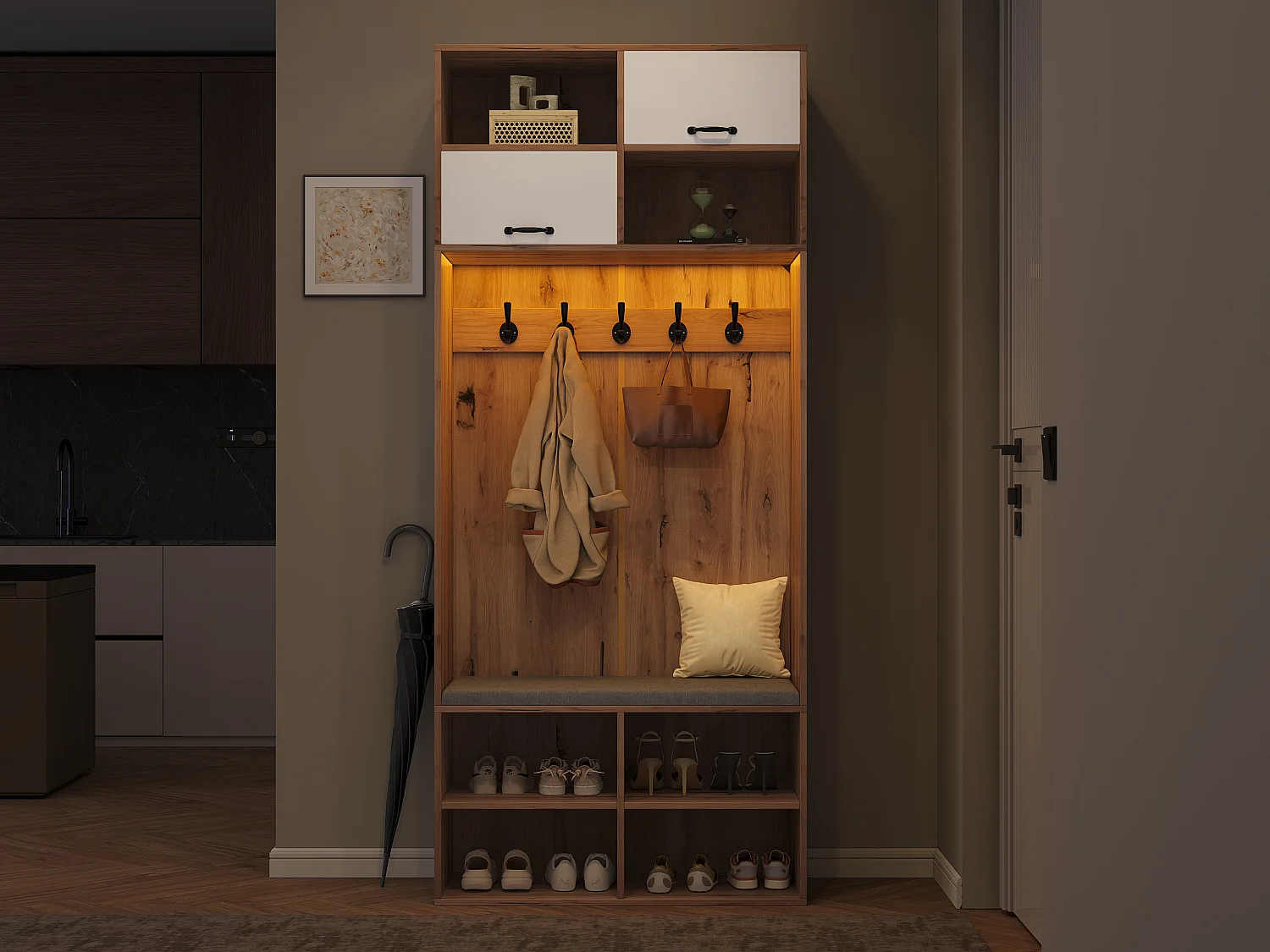 Kleiderschrank-Set mit Bank + 5 Haken + 2 Türen + 6 Ablagefächer - 80 x 35 x 185 cm - Spanplatte - Natur