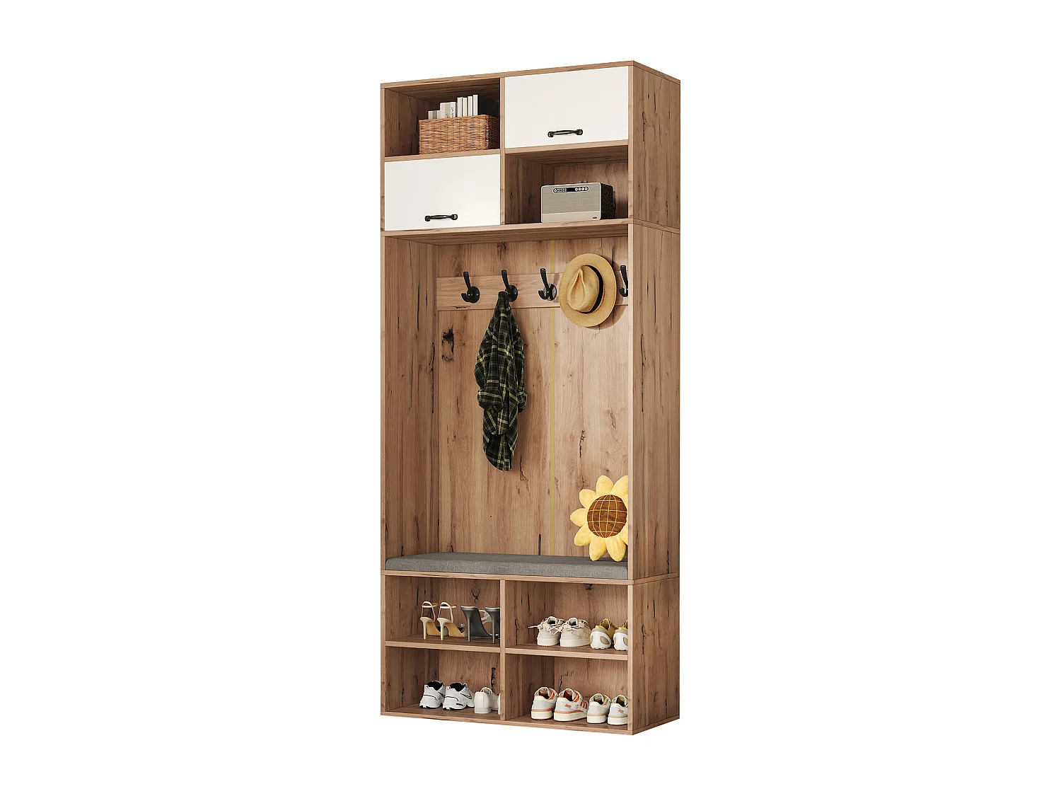 Kleiderschrank-Set mit Bank + 5 Haken + 2 Türen + 6 Ablagefächer - 80 x 35 x 185 cm - Spanplatte - Natur