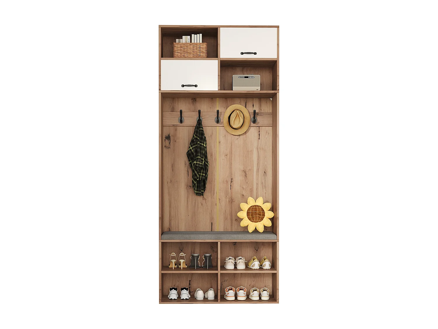 Kleiderschrank-Set mit Bank + 5 Haken + 2 Türen + 6 Ablagefächer - 80 x 35 x 185 cm - Spanplatte - Natur