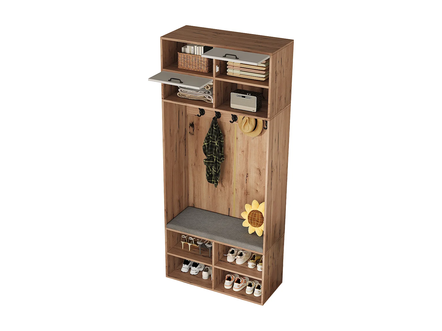 Kleiderschrank-Set mit Bank + 5 Haken + 2 Türen + 6 Ablagefächer - 80 x 35 x 185 cm - Spanplatte - Natur