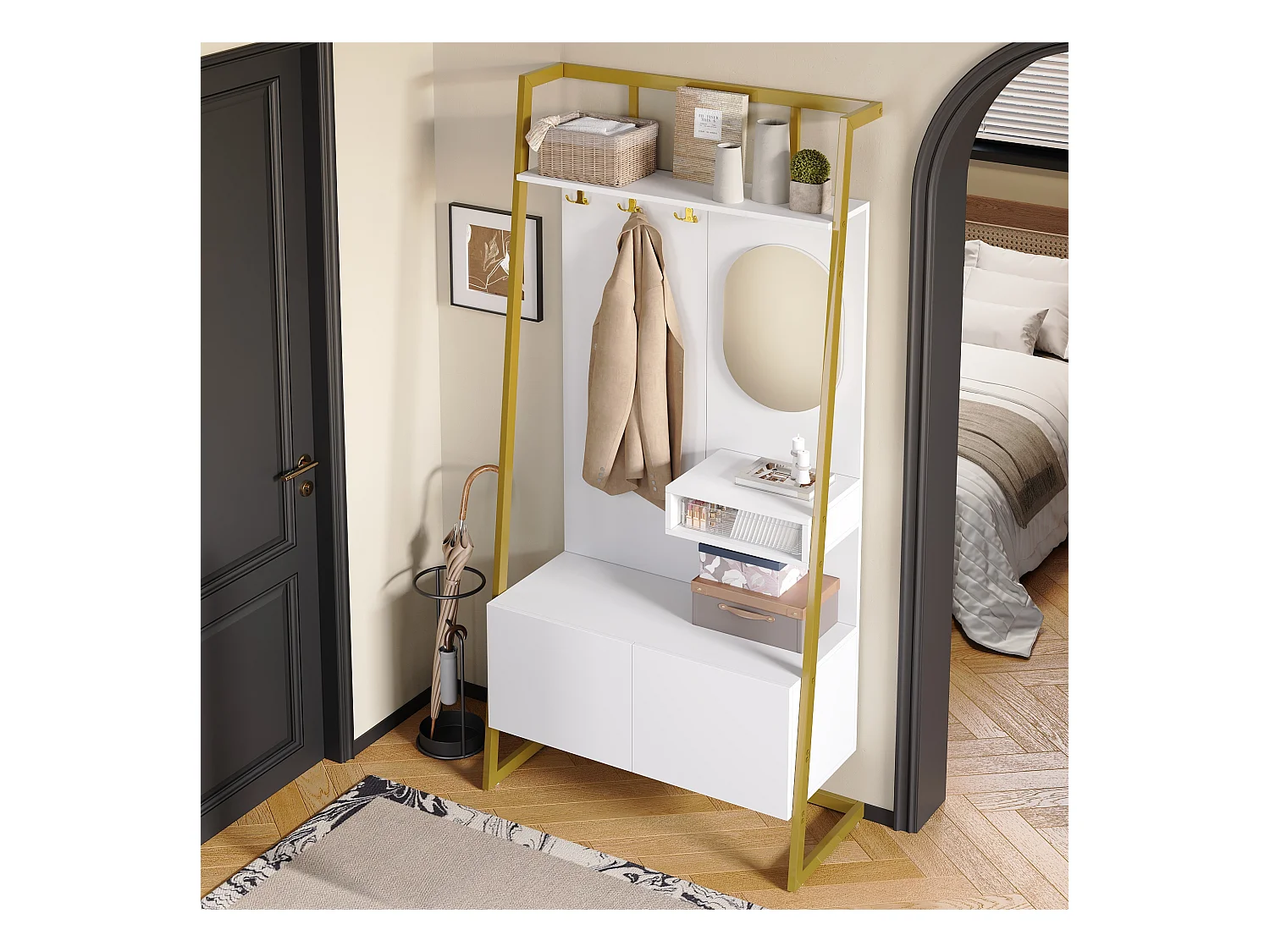 Vestiaire/armoire de rangement avec miroir + meubles de chaussures - crochets en métal - 78 x 38.5 x 180.5 cm - MDF - blanc