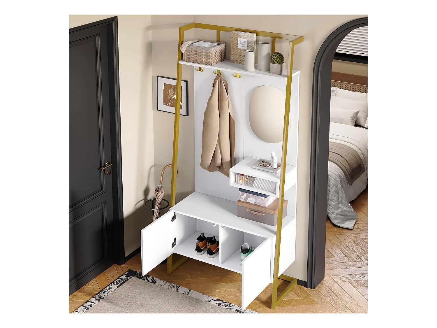 Vestiaire/armoire de rangement avec miroir + meubles de chaussures - crochets en métal - 78 x 38.5 x 180.5 cm - MDF - blanc