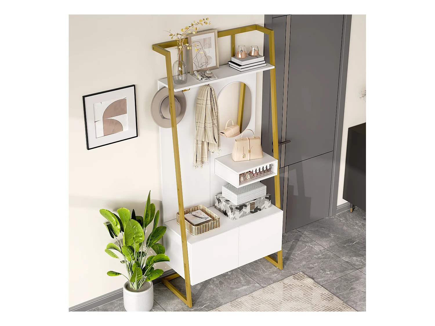 Vestiaire/armoire de rangement avec miroir + meubles de chaussures - crochets en métal - 78 x 38.5 x 180.5 cm - MDF - blanc