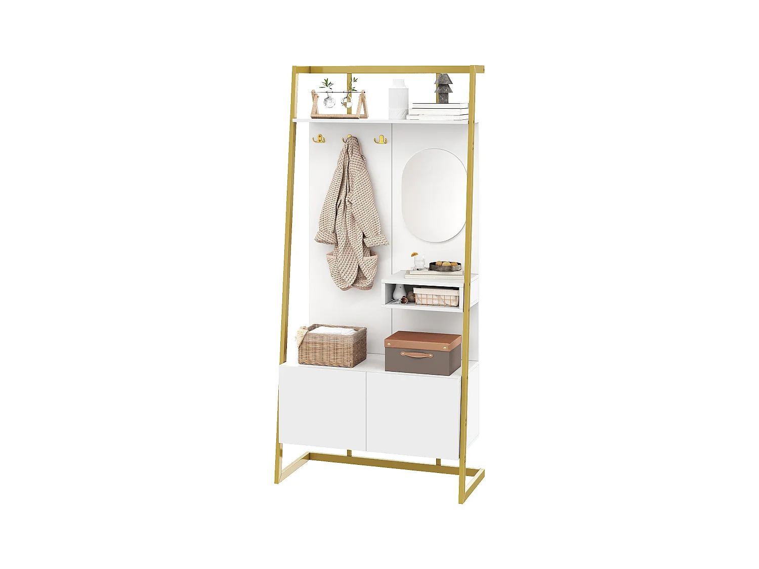 Vestiaire/armoire de rangement avec miroir + meubles de chaussures - crochets en métal - 78 x 38.5 x 180.5 cm - MDF - blanc
