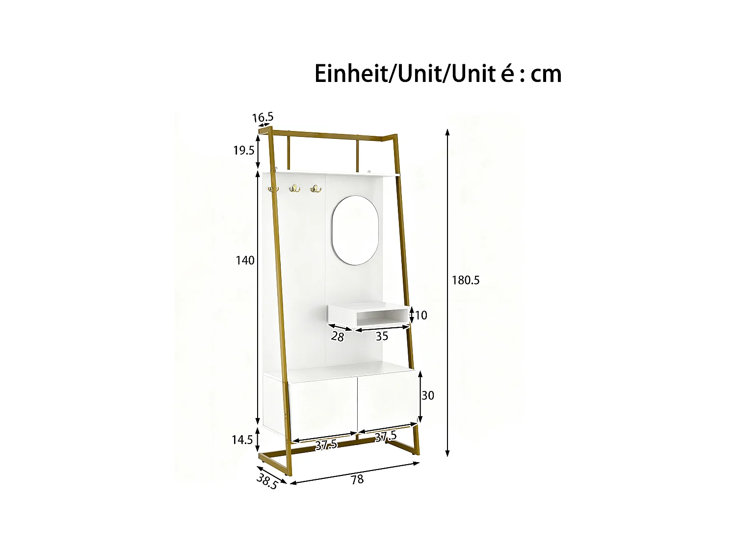 Kleiderschrank/Aufbewahrungsschrank mit Spiegel + Schuhschrank - Metallhaken - 78 x 38,5 x 180,5 cm - MDF - weiß