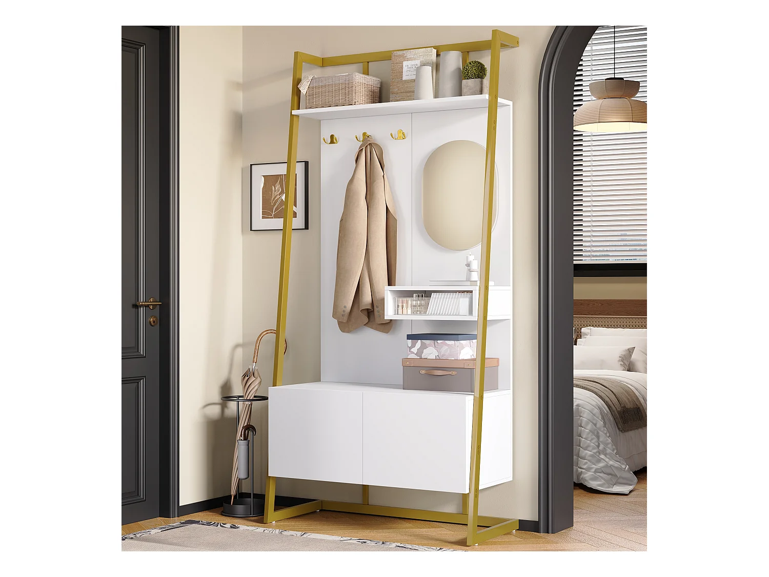 Kleiderschrank/Aufbewahrungsschrank mit Spiegel + Schuhschrank - Metallhaken - 78 x 38,5 x 180,5 cm - MDF - weiß