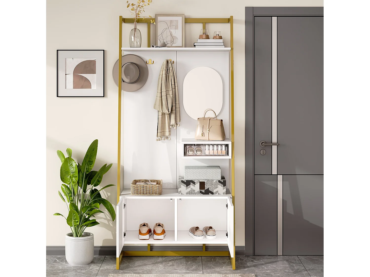 Armario/trastero con espejo + zapatero - ganchos metálicos - 78 x 38,5 x 180,5 cm - MDF - blanco