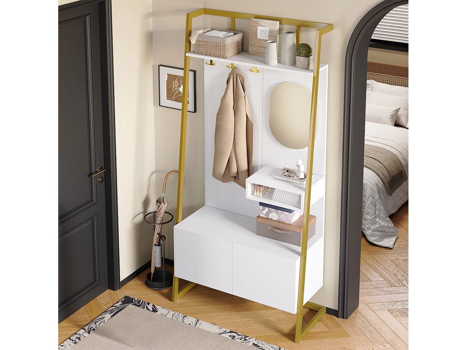 Armario/trastero con espejo + zapatero - ganchos metálicos - 78 x 38,5 x 180,5 cm - MDF - blanco