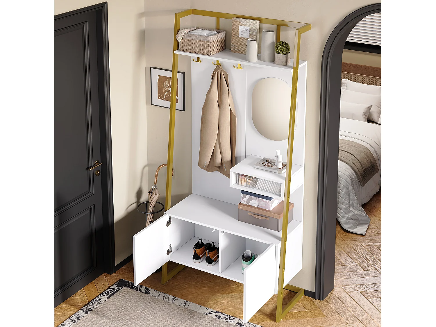 Armario/trastero con espejo + zapatero - ganchos metálicos - 78 x 38,5 x 180,5 cm - MDF - blanco