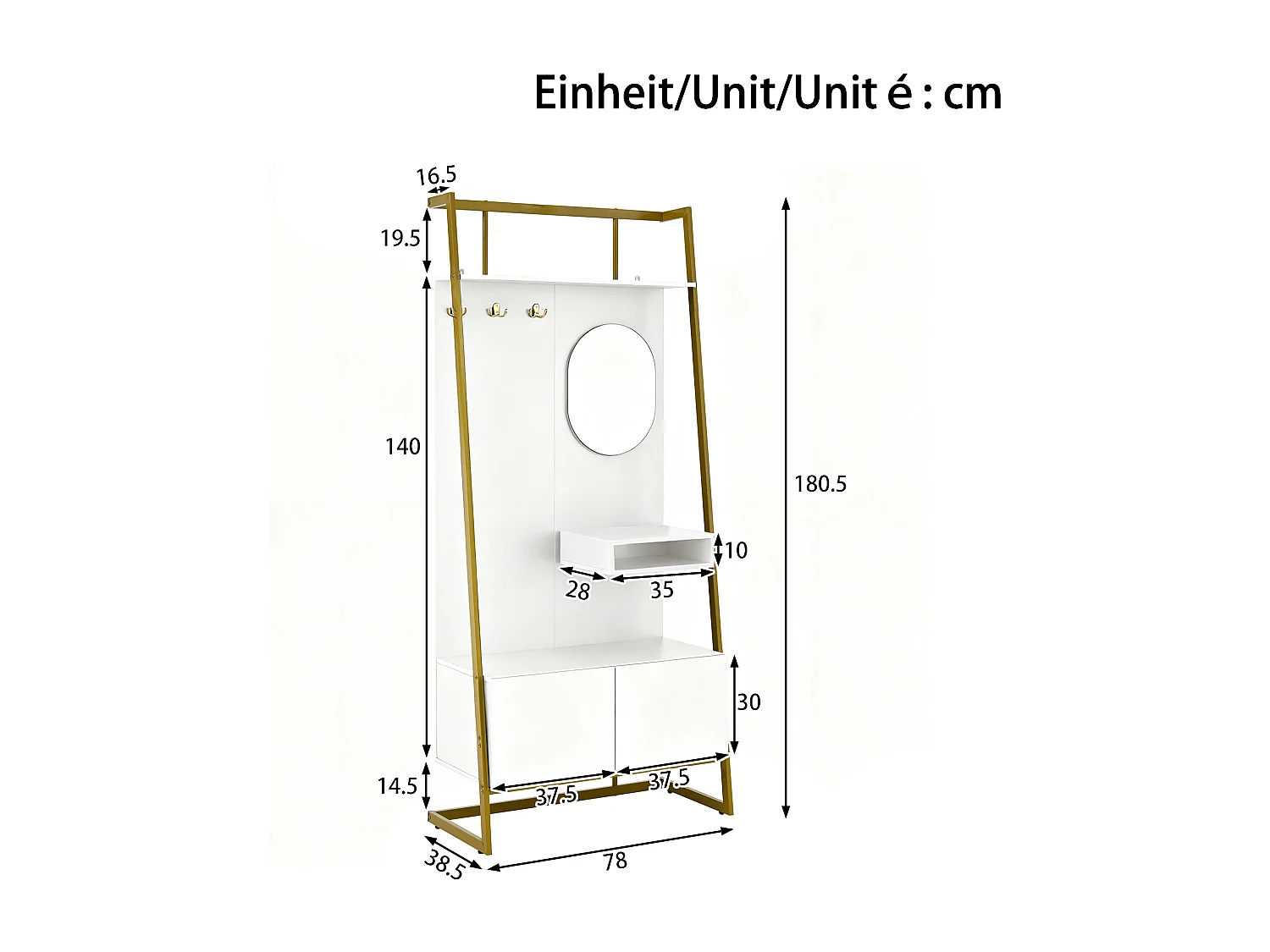 Armario/trastero con espejo + zapatero - ganchos metálicos - 78 x 38,5 x 180,5 cm - MDF - blanco