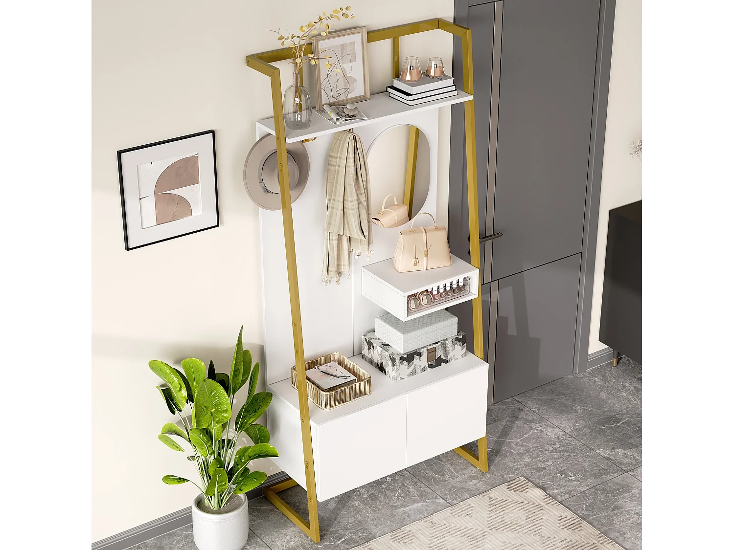 Armario/trastero con espejo + zapatero - ganchos metálicos - 78 x 38,5 x 180,5 cm - MDF - blanco