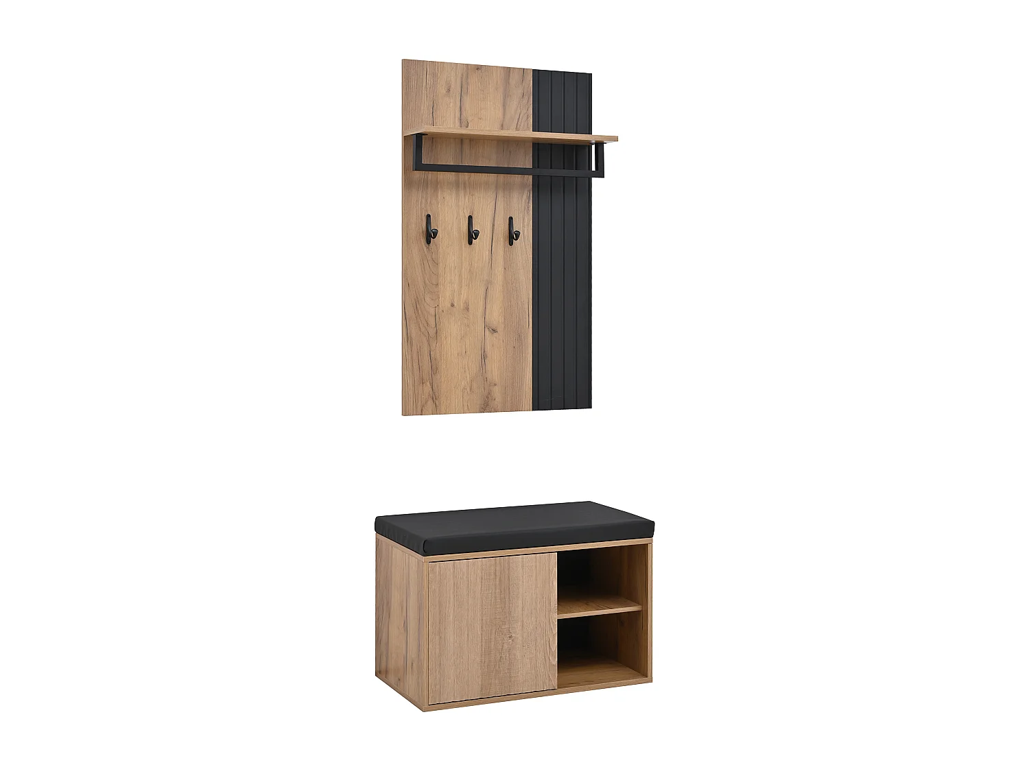 Vestiaire de salon - meuble à chaussures + panneau avec 8 crochets - 70 x 36 x 146 cm - noir et naturel