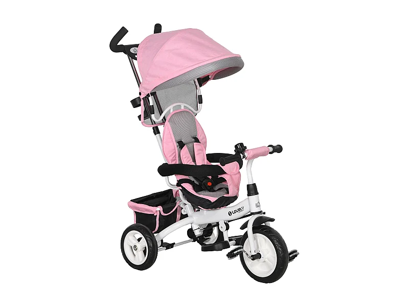 Tricycle enfant évolutif pare-soleil pliable canne télescopique amovible acier rose