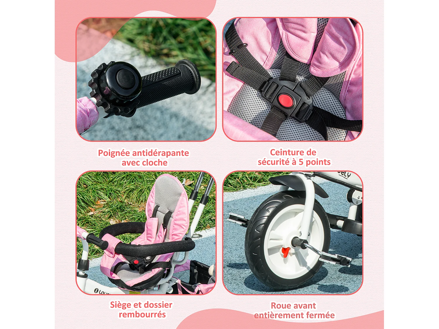 Tricycle enfant évolutif pare-soleil pliable canne télescopique amovible acier rose