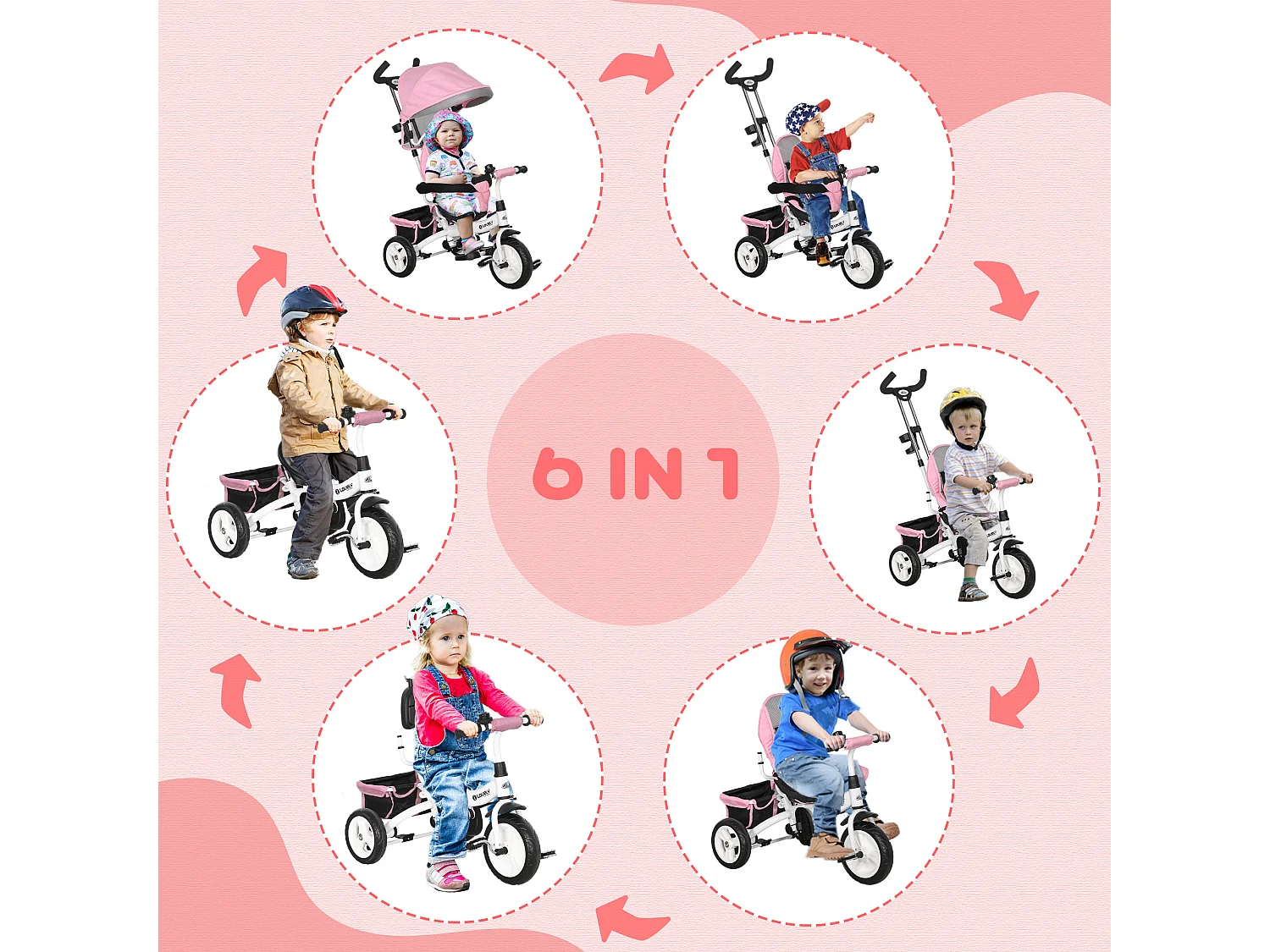 Tricycle enfant évolutif pare-soleil pliable canne télescopique amovible acier rose