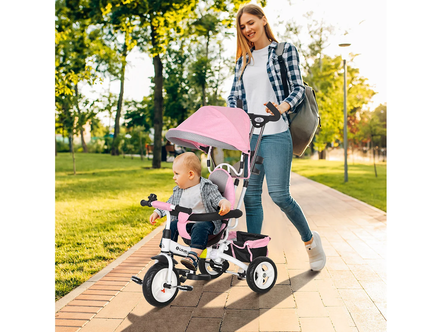 Tricycle enfant évolutif pare-soleil pliable canne télescopique amovible acier rose