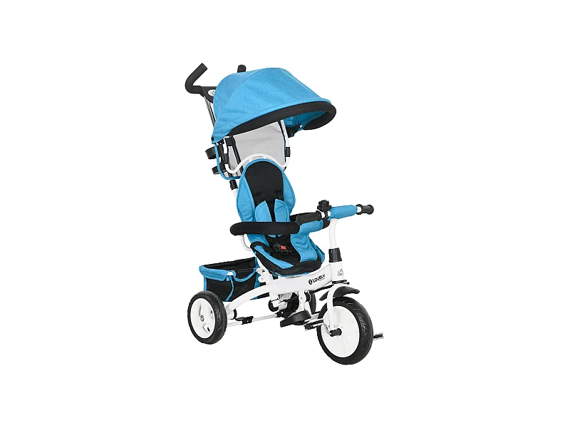 Tricycle enfant évolutif pare-soleil pliable canne télescopique amovible acier bleu