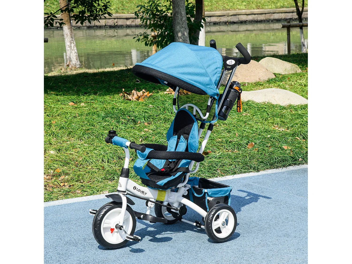 Tricycle enfant évolutif pare-soleil pliable canne télescopique amovible acier bleu