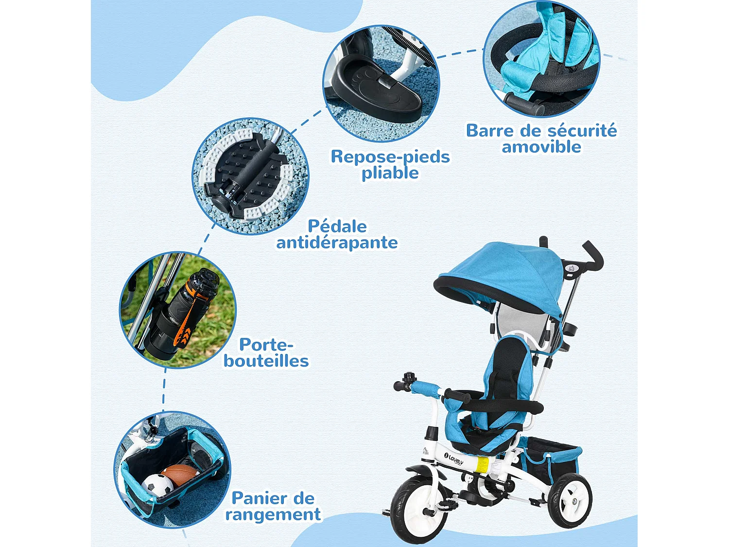 Tricycle enfant évolutif pare-soleil pliable canne télescopique amovible acier bleu